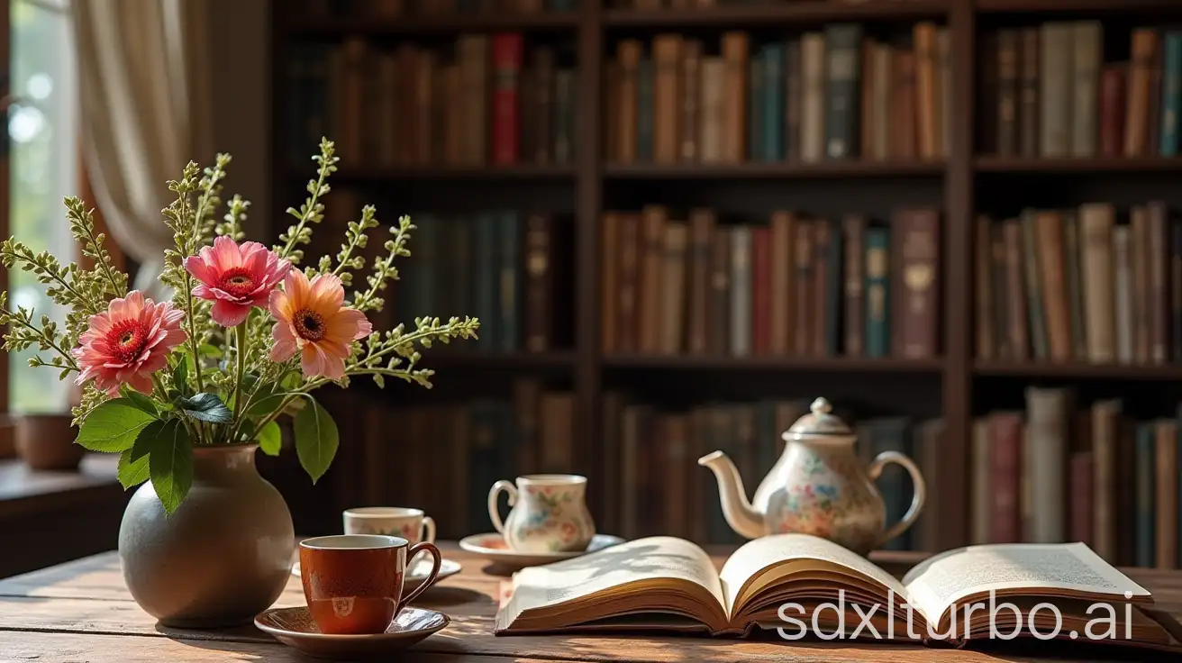 A study with one book wall, flowers on the table, tea sets, books, quietly enjoying tea while reading