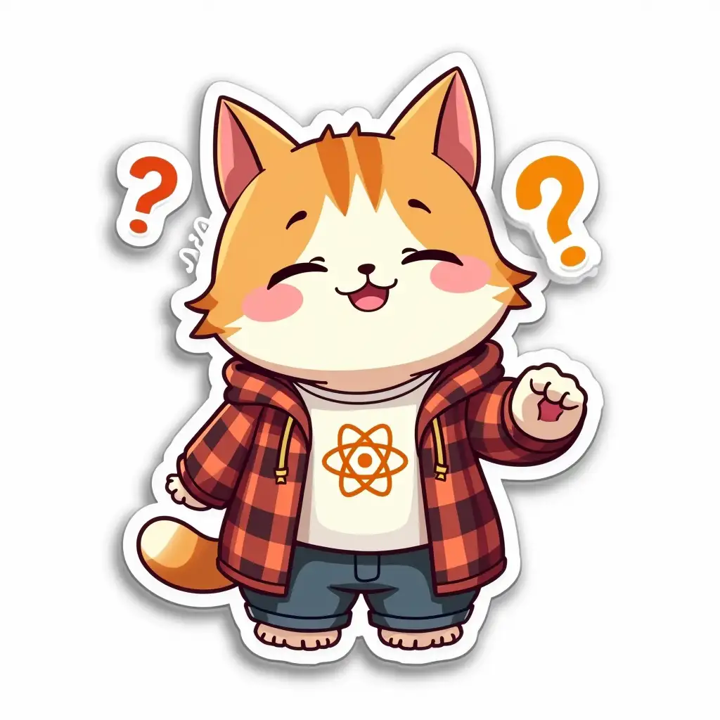 A curvilinearly cut sticker depicting a kawaii positive fluffy little cat in office clothes with an atom symbol on t-shirt.  The face and pose express the emotion of thoughtfulness, the large question mark symbol in the background emits a glow. Vibrant and dynamic die cut sticker design top-view, high resolution, vector art, white background, paint in anime style