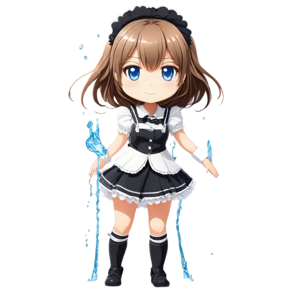 create a birthday image with a chibi maid, around is rain and flood