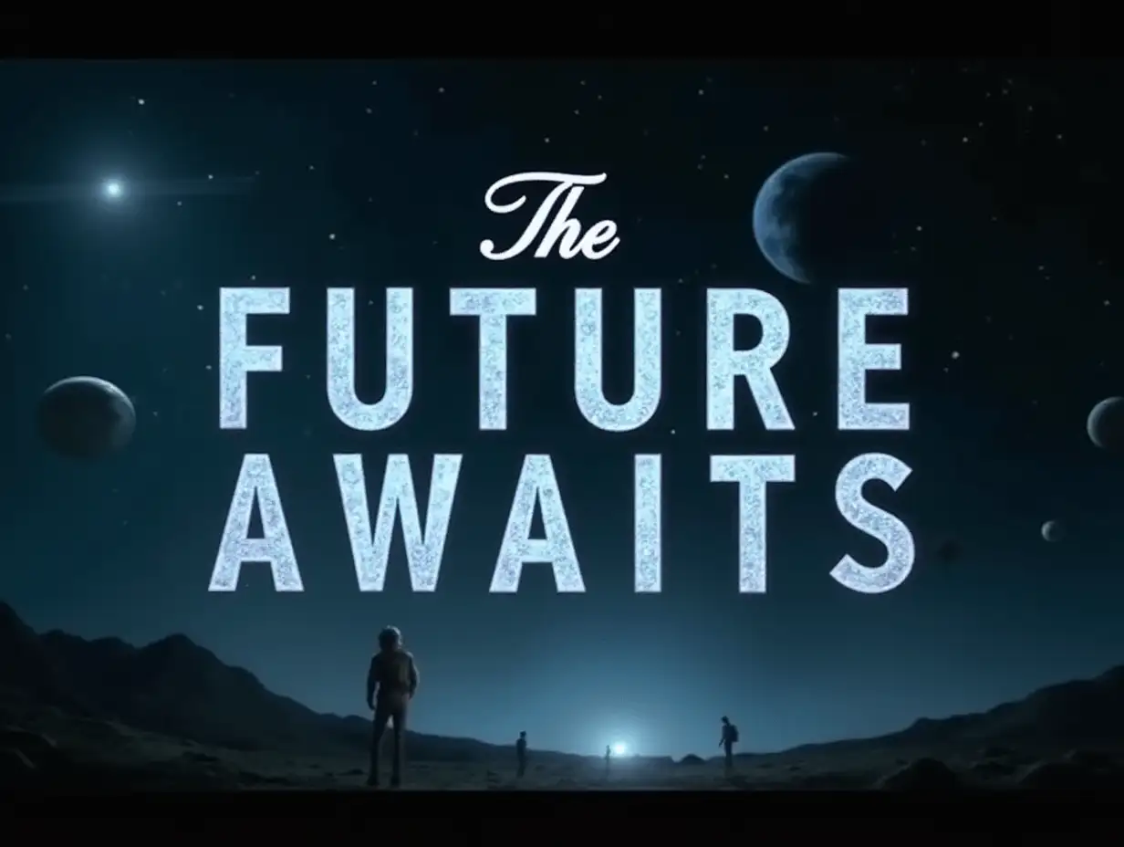 give me a clicky thumnail for a scifi movie named The Future Awaits . the image must be dim and include faint astronaut images in background the title must be clear and in a very eye catchy form