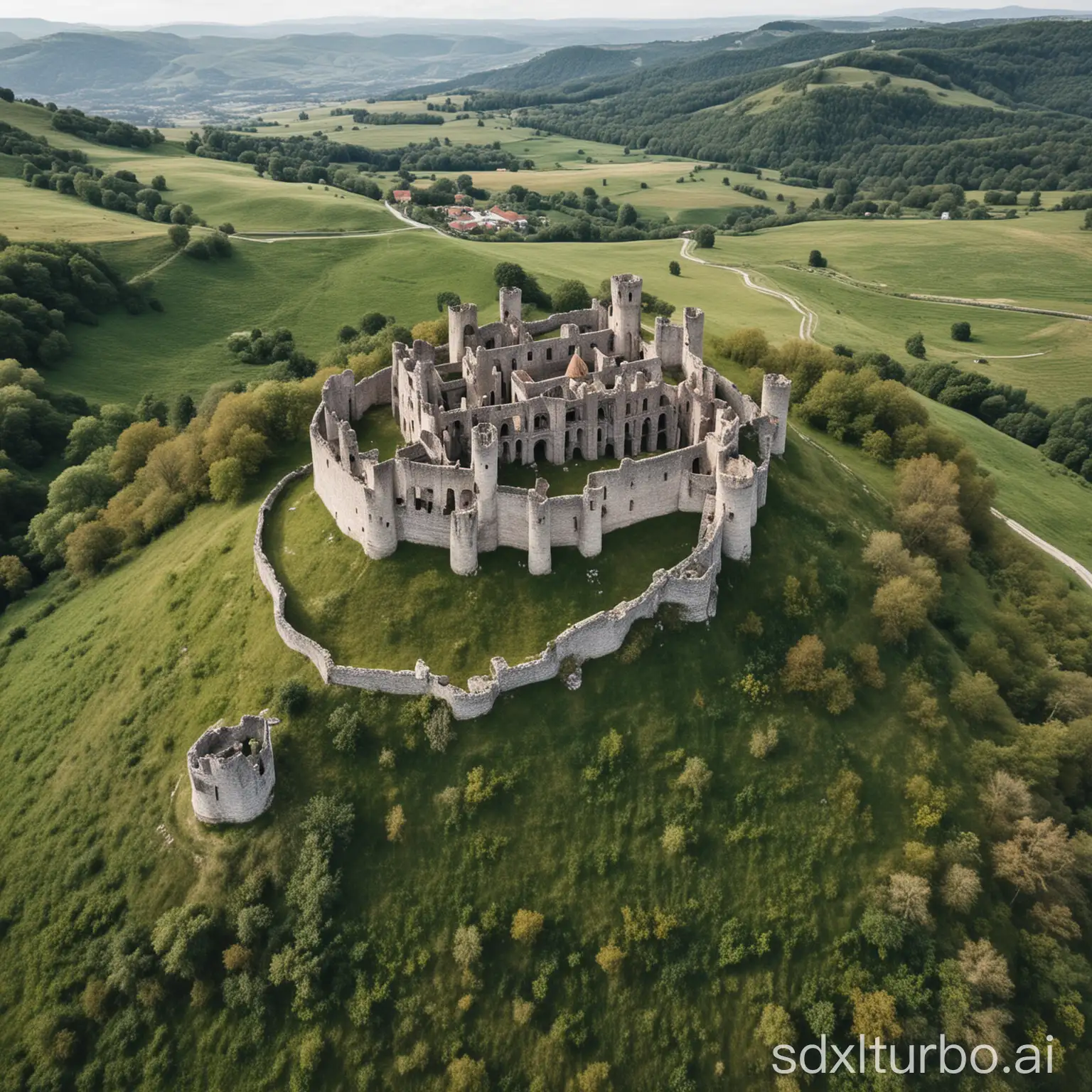 sparse medieval castle ruins on green hill view from drone above