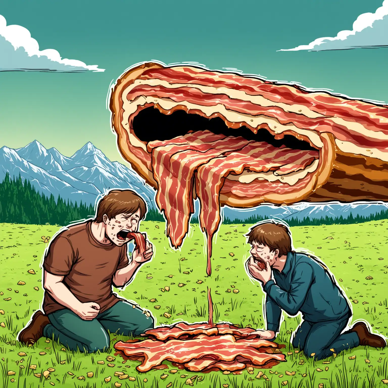 Comic-Style-Man-Vomiting-Bacon-Slices-on-Meadow-with-Mountain-Backdrop