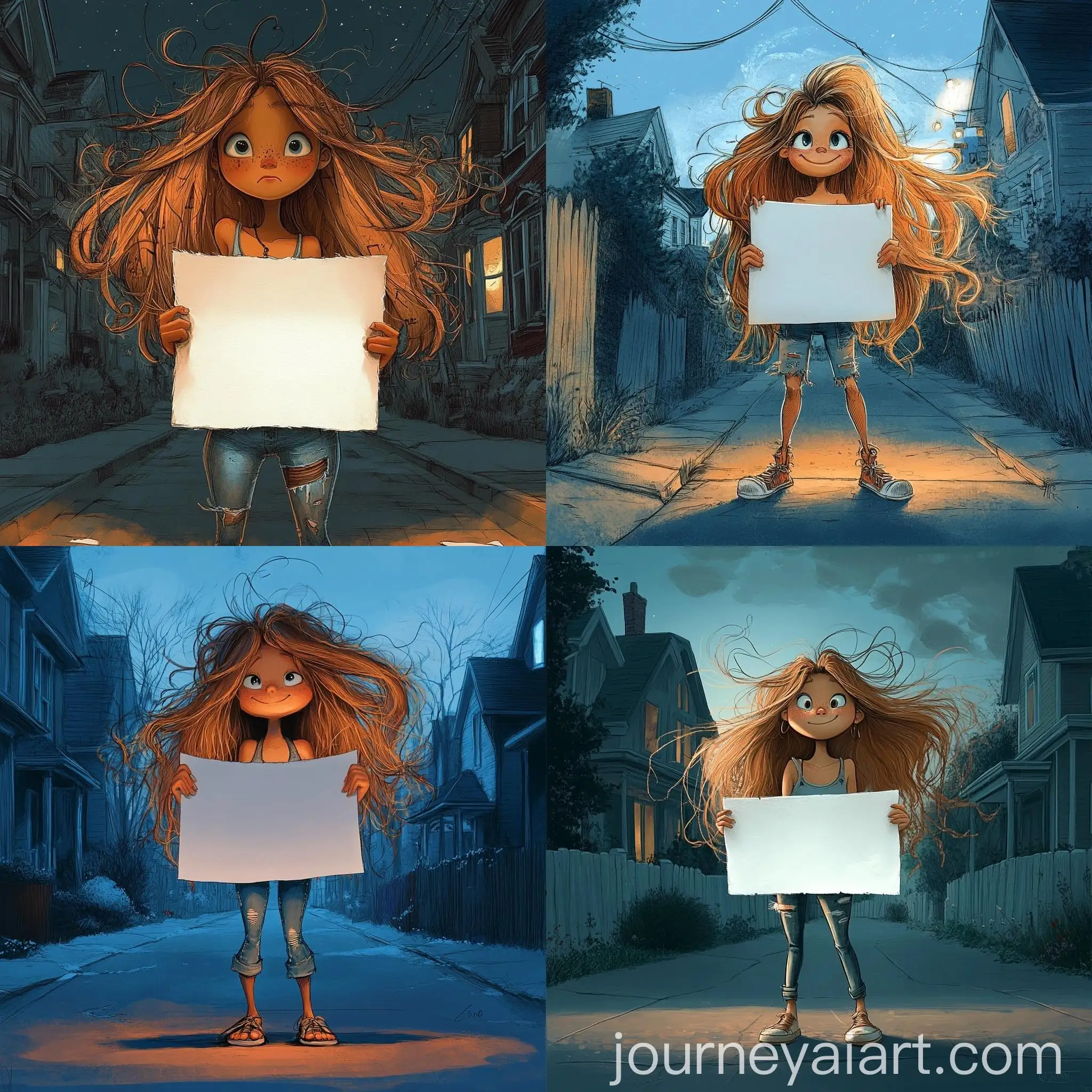 Whimsical-Girl-Holding-Blank-Card-on-Suburban-Street-at-Night
