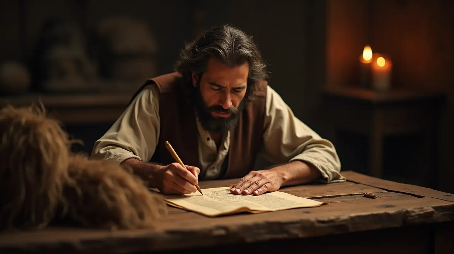 Jeremiah the Biblical Prophet Writing on Parchment at an Old Wooden Table