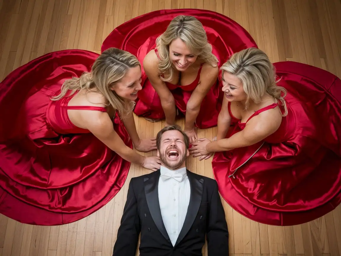 Caucasian Man Laughing with Women in Red Satin Ballgowns in a Ballroom