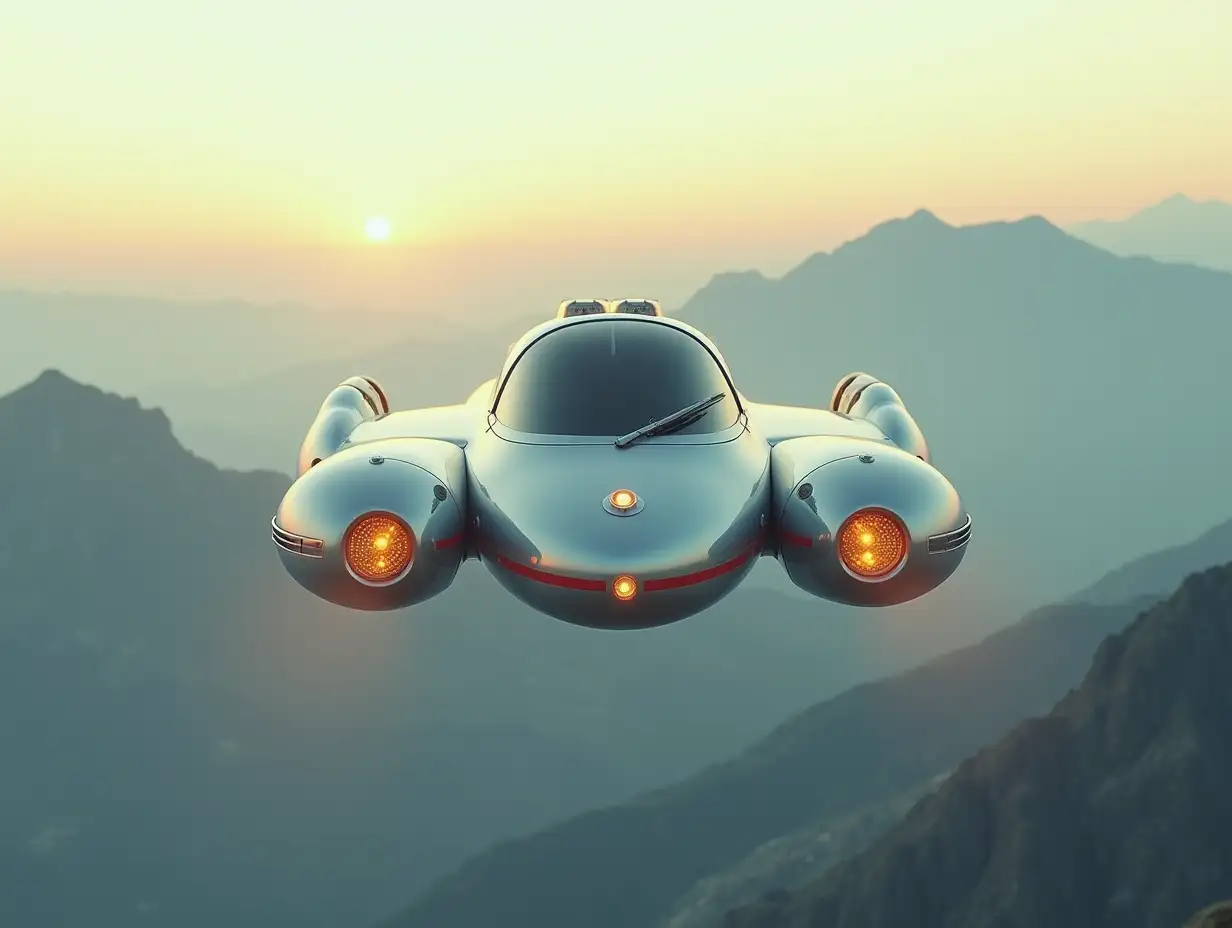 A small retro white-beige spaceship, shiny aluminum parts, with glowing headlights, glass, windshield flying very close over mountains, with light fog 4k resolution colorful