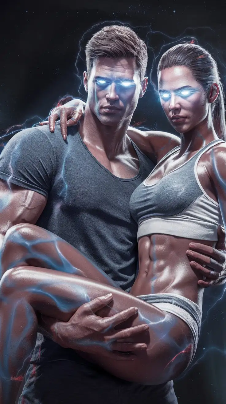 25-year-old athletic man holds his 25-year-old athletic girlfriend as their bodies are bathed in cosmic energies giving them superpowers. Photorealistic.