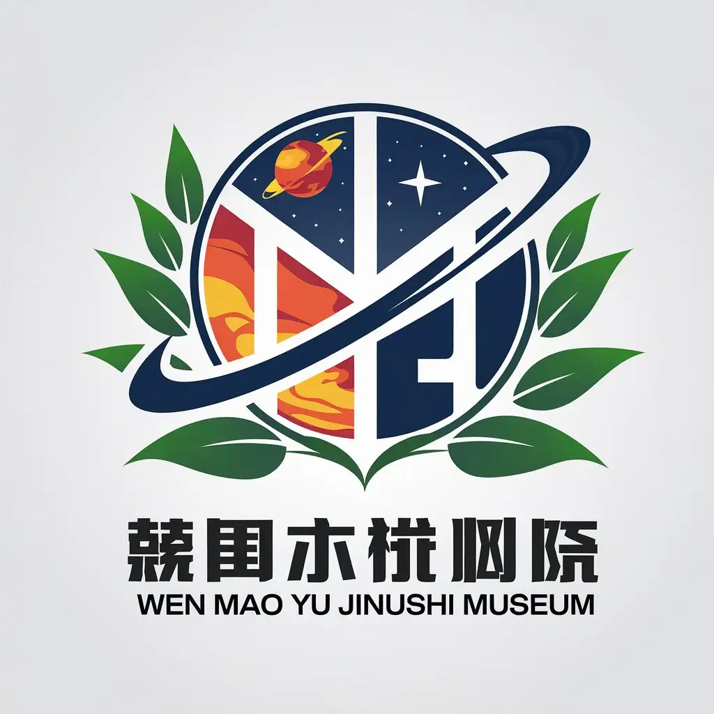 LOGO-Design-for-Wen-Mao-Yu-Jin-Huishi-Museum-Meteor-Planet-and-Green-Leaves-on-a-Clear-Background