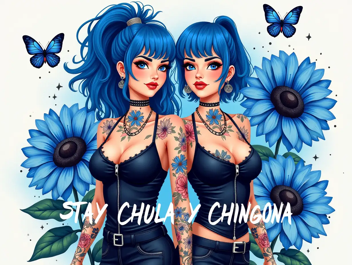 Watercolor art, Vector, vintage, seamless. Two striking women with vibrant blue hair, embodying confidence and strength, set against a dynamic backdrop of large blue sunflowers and butterflies. The women are adorned with intricate tattoos, showcasing floral designs across their arms and shoulders. Their attire is edgy, featuring form-fitting black leather outfits that accentuate their figures. The background blends an array of shimmering black speckles, contrasting with the bright blue and white elements, creating a vibrant, artistic atmosphere. The phrase 'STAY CHULA Y CHINGONA' is boldly displayed in stylized lettering, enhancing the overall aesthetic, which blends elements of pop art and hyperrealism, emphasizing vivid colors and intricate details.