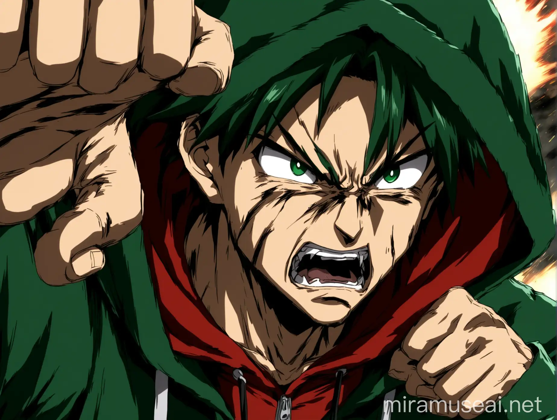 Anime Character Receives Powerful Punch Evil GreenHeaded Figure in Hoodie