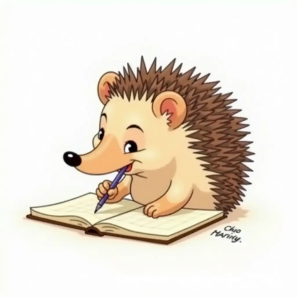 Disney-Style-Hedgehog-Writing-in-Notebook-on-White-Background