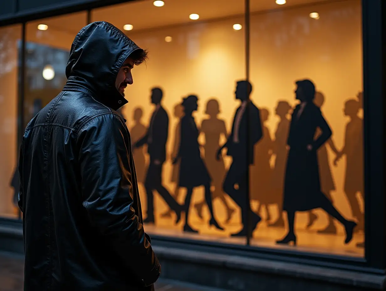 Man-in-Raincoat-Watching-Shop-Window-with-Dancing-Silhouettes