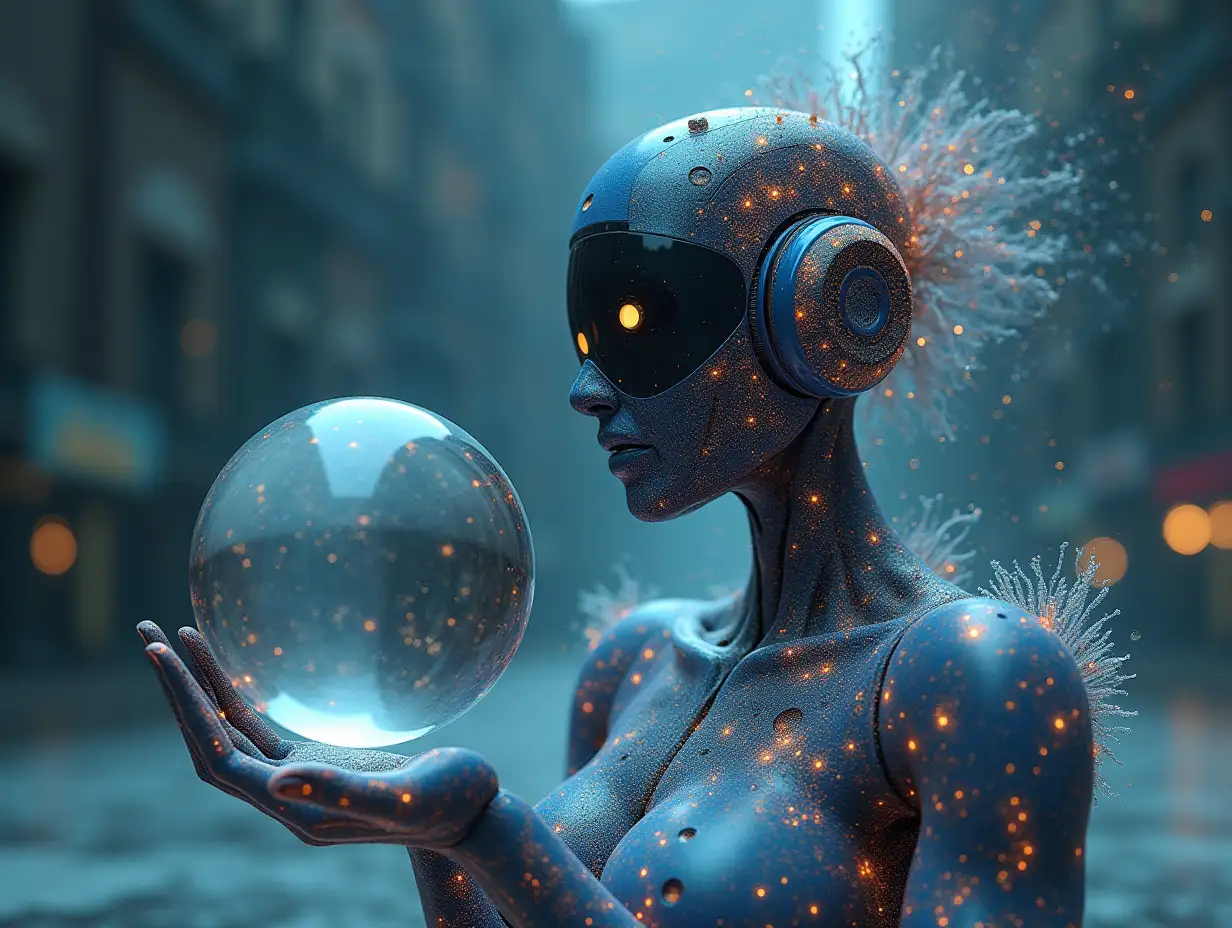 Create a high-resolution, realistic image of artificial intelligence (humanoid mixed Fractals colored, two meters with a large glass ball in hand, headphones, arms and legs on the ground in 4k resolution