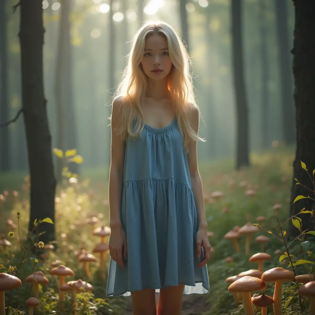 Portrait-of-a-Beautiful-Japanese-Woman-in-a-Blue-Dress-Surrounded-by-Forest-Mushrooms