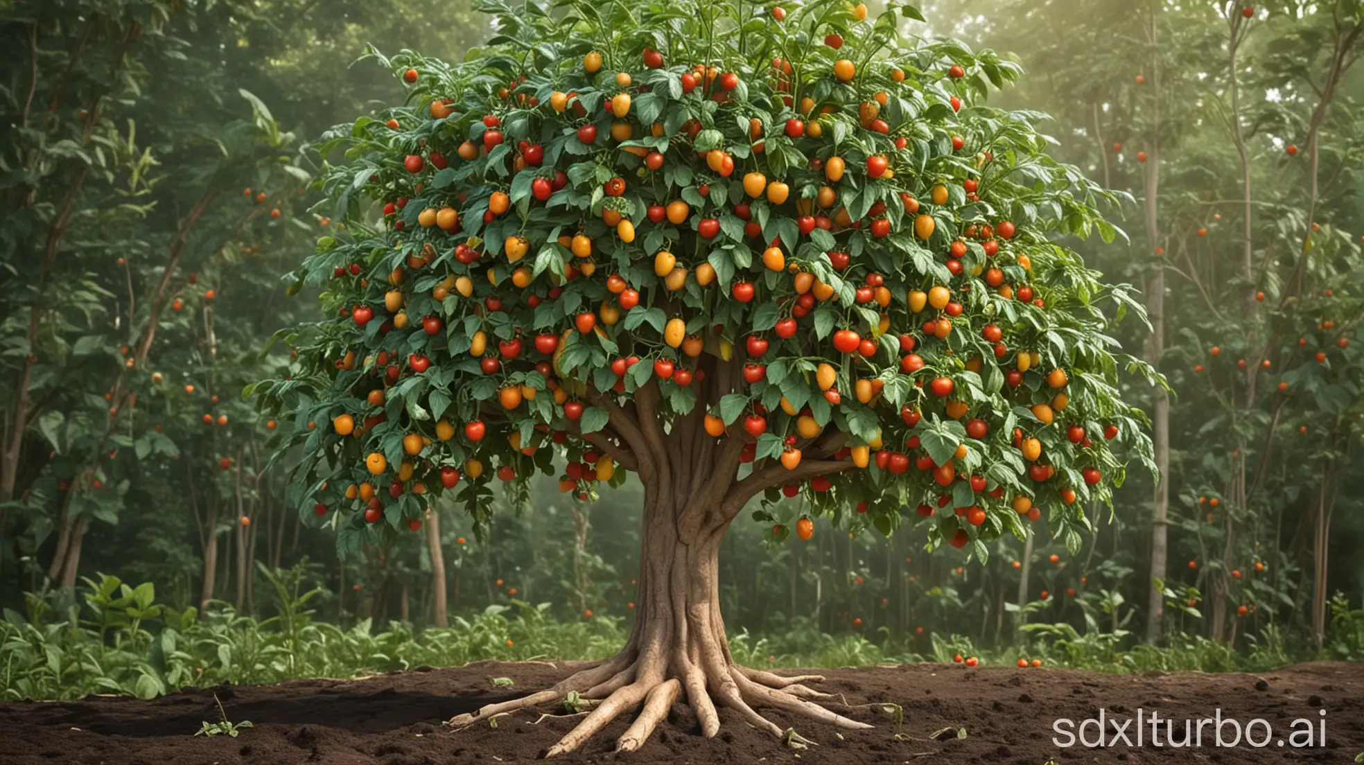 A tree, with tomatoes on it, add watermelon, add strawberries and corn, there are also sweet potatoes on the tree