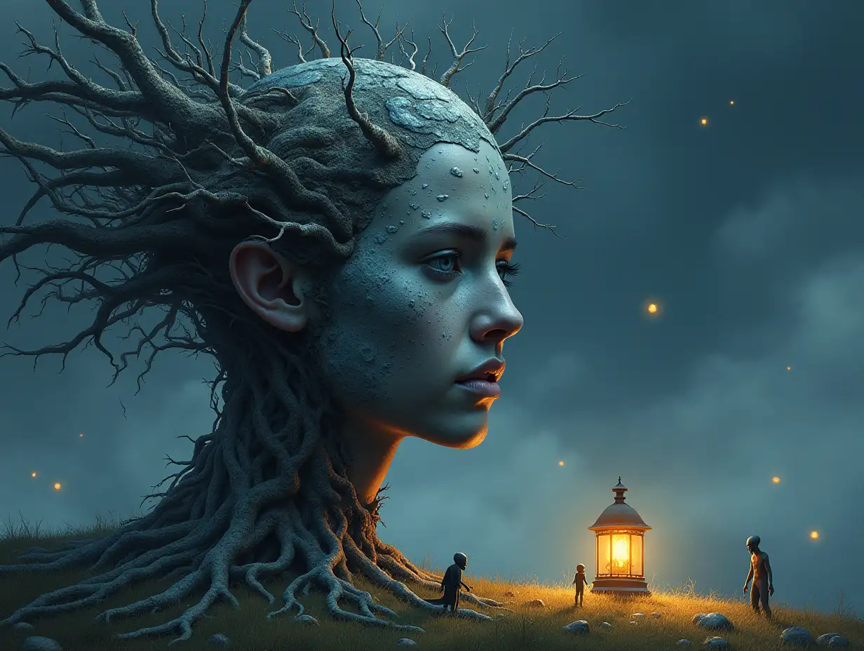 Creating a digital painting of a face with hair turning into a building with silver stones and Illuminated trees with roots and lantern and alien beings on a meadow