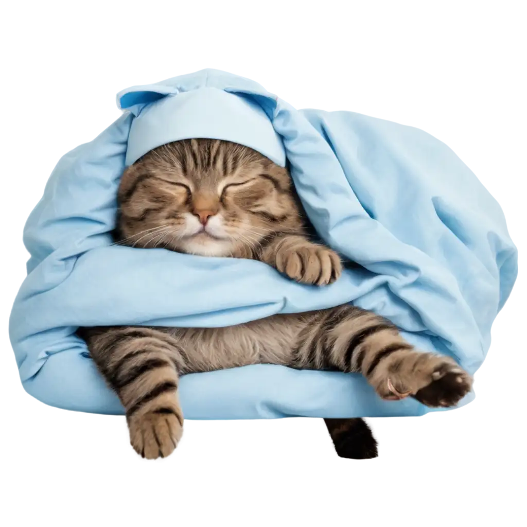 PNG-Image-of-a-Cat-in-Pajamas-with-Sleep-Mask-and-Bed-Linen-Blue-Theme