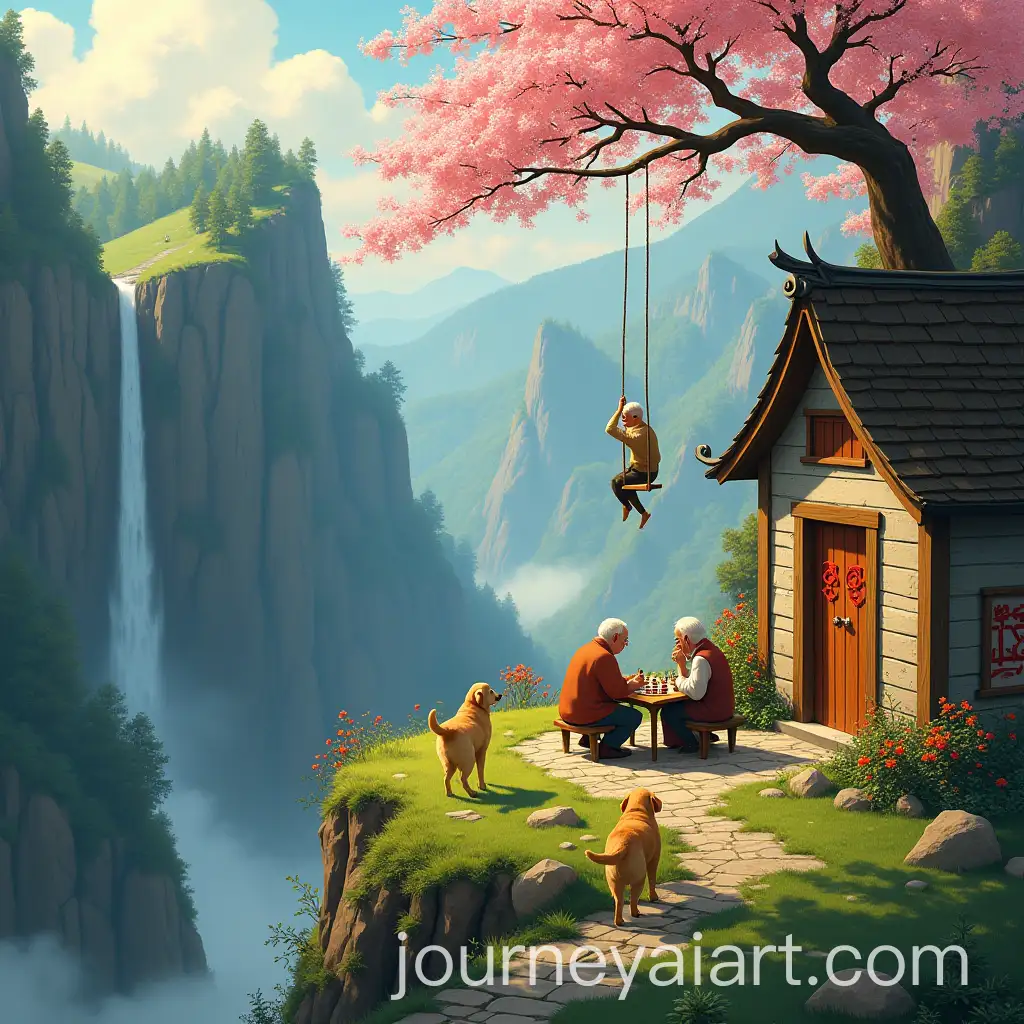 ElderAI-Art-Prompt-Expansionly-Men-Playing-Chess-on-Mountain-Cliff-with-Golden-Retrievers-and-Cherry-Blossom-Tree