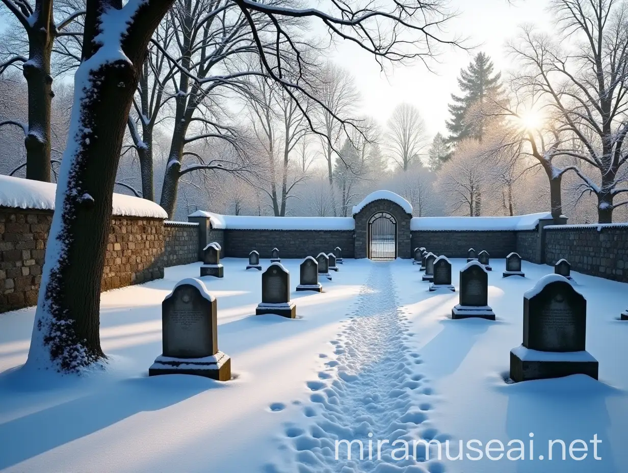 Snowcovered Prussian Graveyard in Winter Morning Light