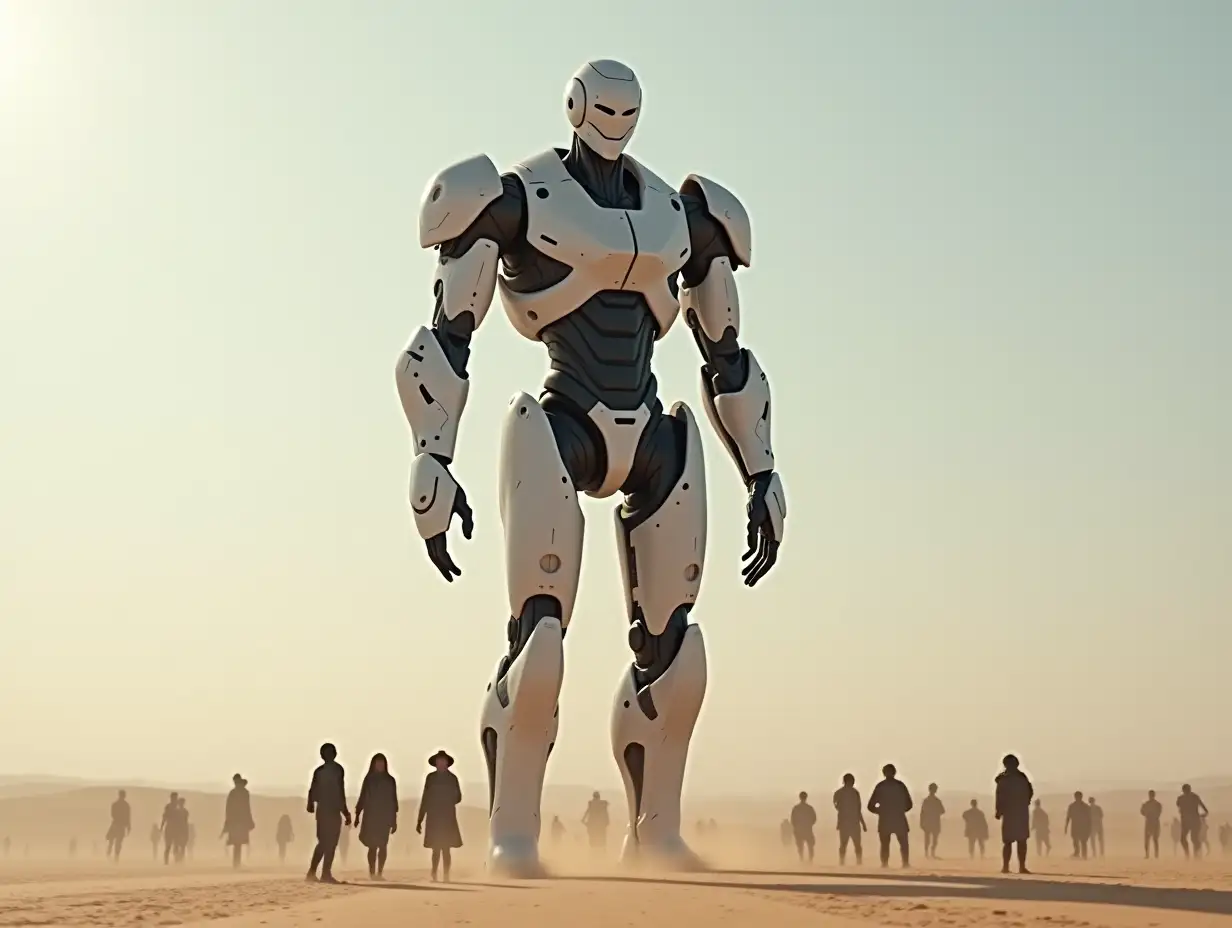 Create for me a 20 meter Android Titan Cyber Human in black and white with armor in a vast desert with many people