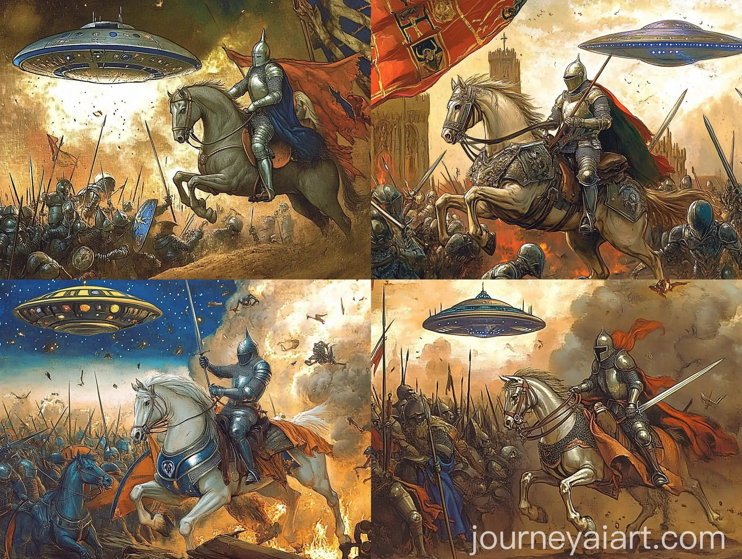 Knight-on-Horse-Battling-Aliens-with-UFO-in-Background