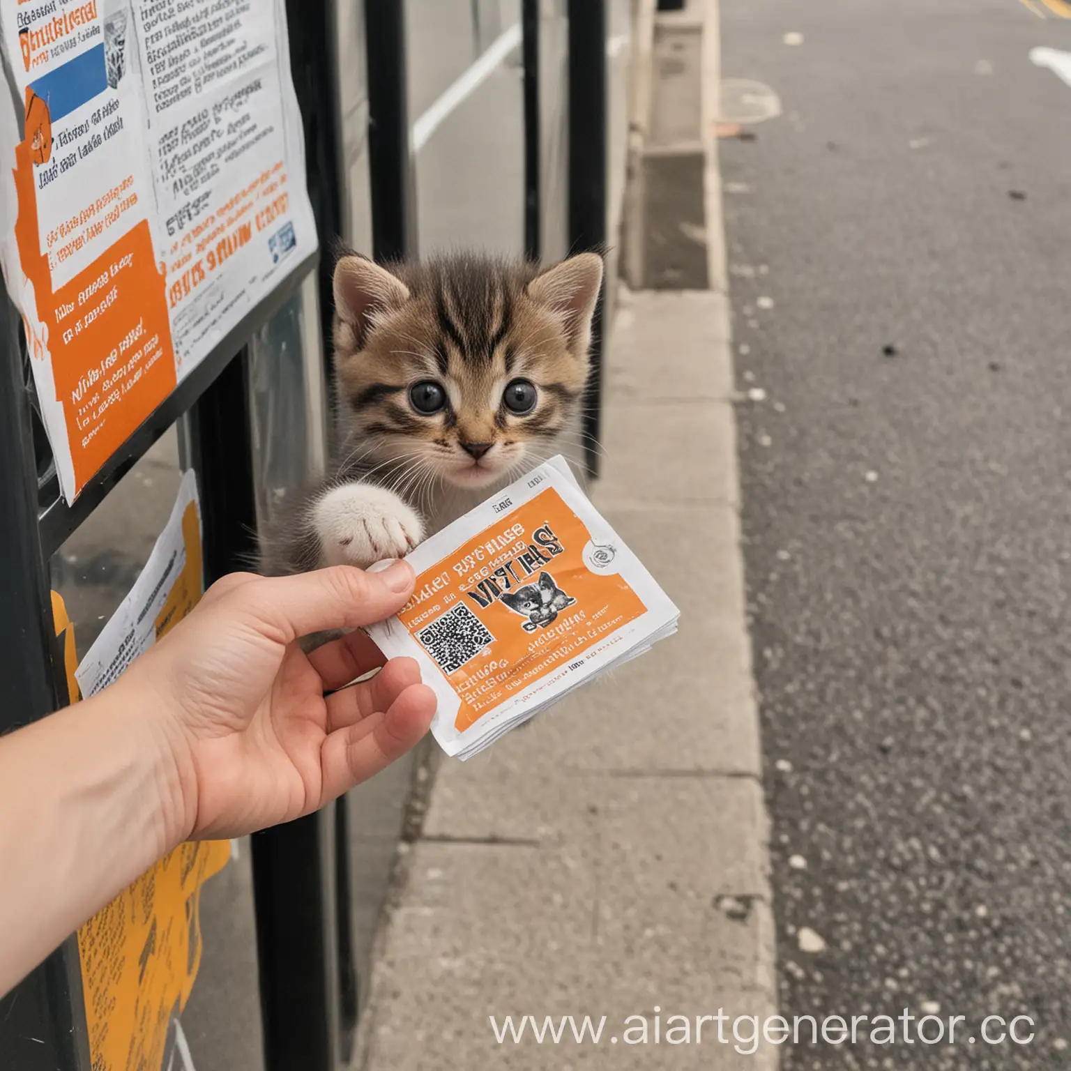 Kitten-Distributing-Flyers-at-Bus-Stop