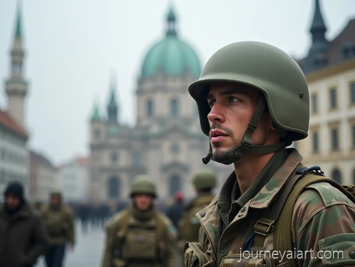 Dove-Wearing-Army-Helmet-and-Camouflage-Suit-with-Munich-Michel-in-Background