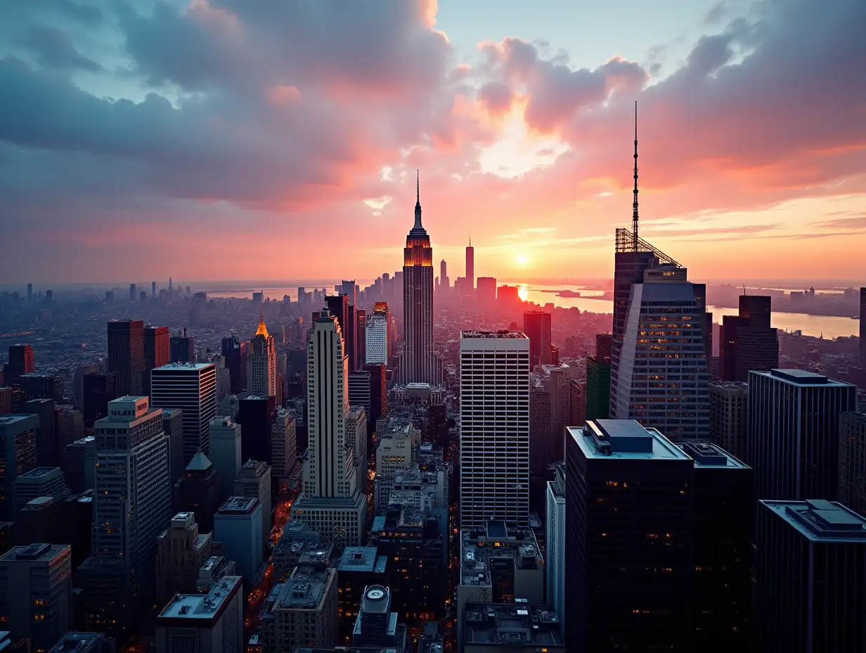 Generate an aerial view image of New York City at sunset. Capture the iconic skyline with its towering skyscrapers, including recognizable landmarks like the Empire State Building and One World Trade Center, bathed in warm golden and orange hues of the setting sun. The scene should feature a vibrant yet serene atmosphere, with the sky displaying a gradient of colors—deep blues fading into soft pinks and purples. Include intricate details of the cityscape, such as the grid of streets, the shimmer of lights starting to flicker on, and the reflective waters of the Hudson River. Render it in a hyperrealistic style, as if photographed with a drone using a wide-angle lens, offering crisp clarity, cinematic lighting, and a natural depth of field.