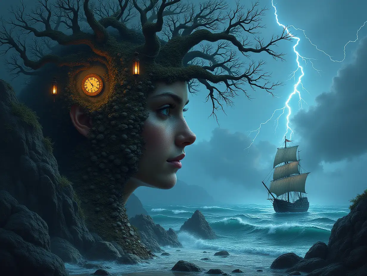 Creating a Digital Painting Face with rope hair turning into Building with stones and lighting Trees with roots and rocks and lantern at the Sea,with large Clock Hand Ship with laterns and a very big Kraken Very big Waves and Lightning strange creatures