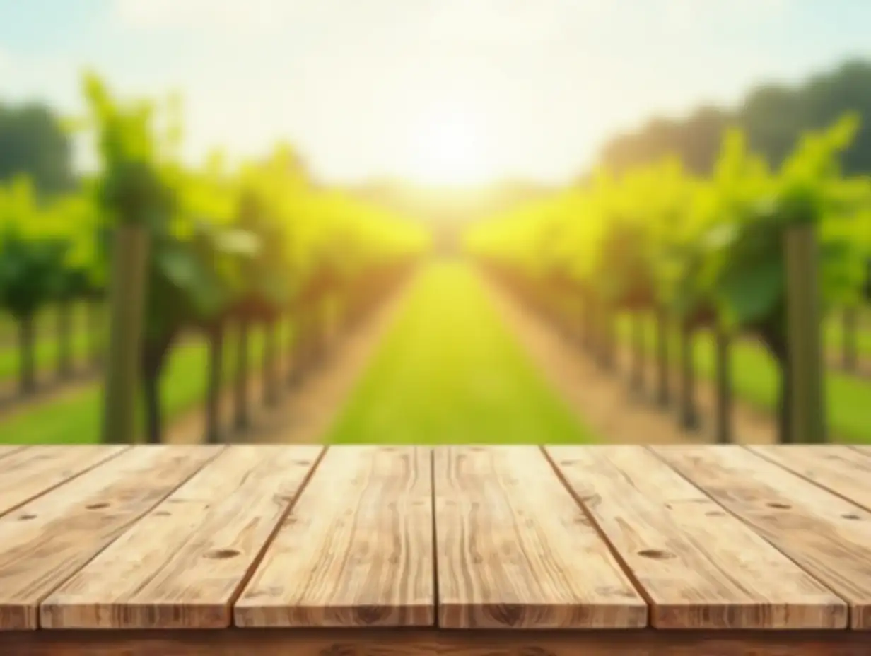 An empty wooden table for product display. Blurred french vineyard in the background.