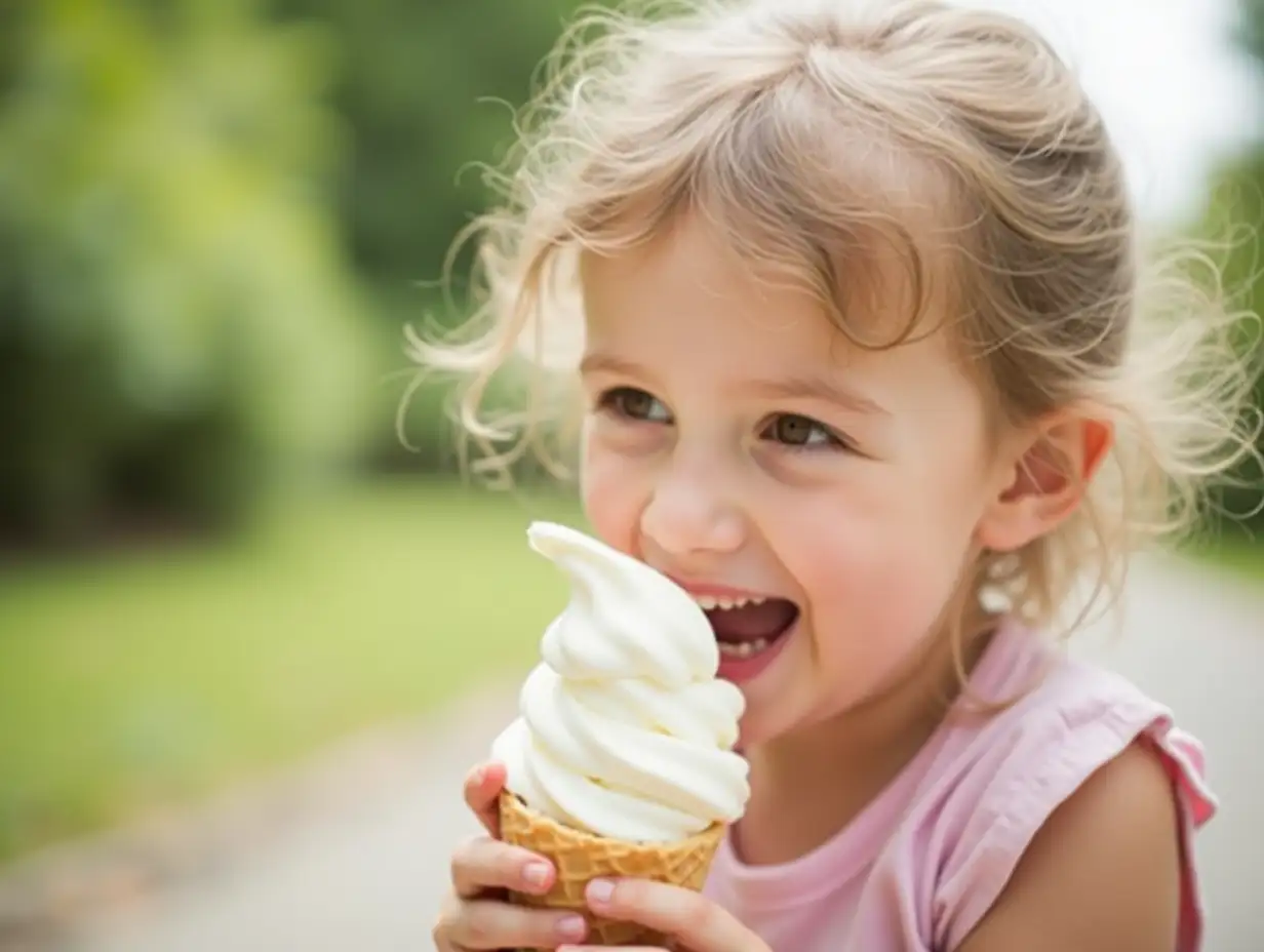 Kid, portrait and eating icecream outdoor for dessert, sweet treat or bonding with family. Girl, child or excited face with vanilla cone for snack, summer break or enjoyment with holiday fun or relax