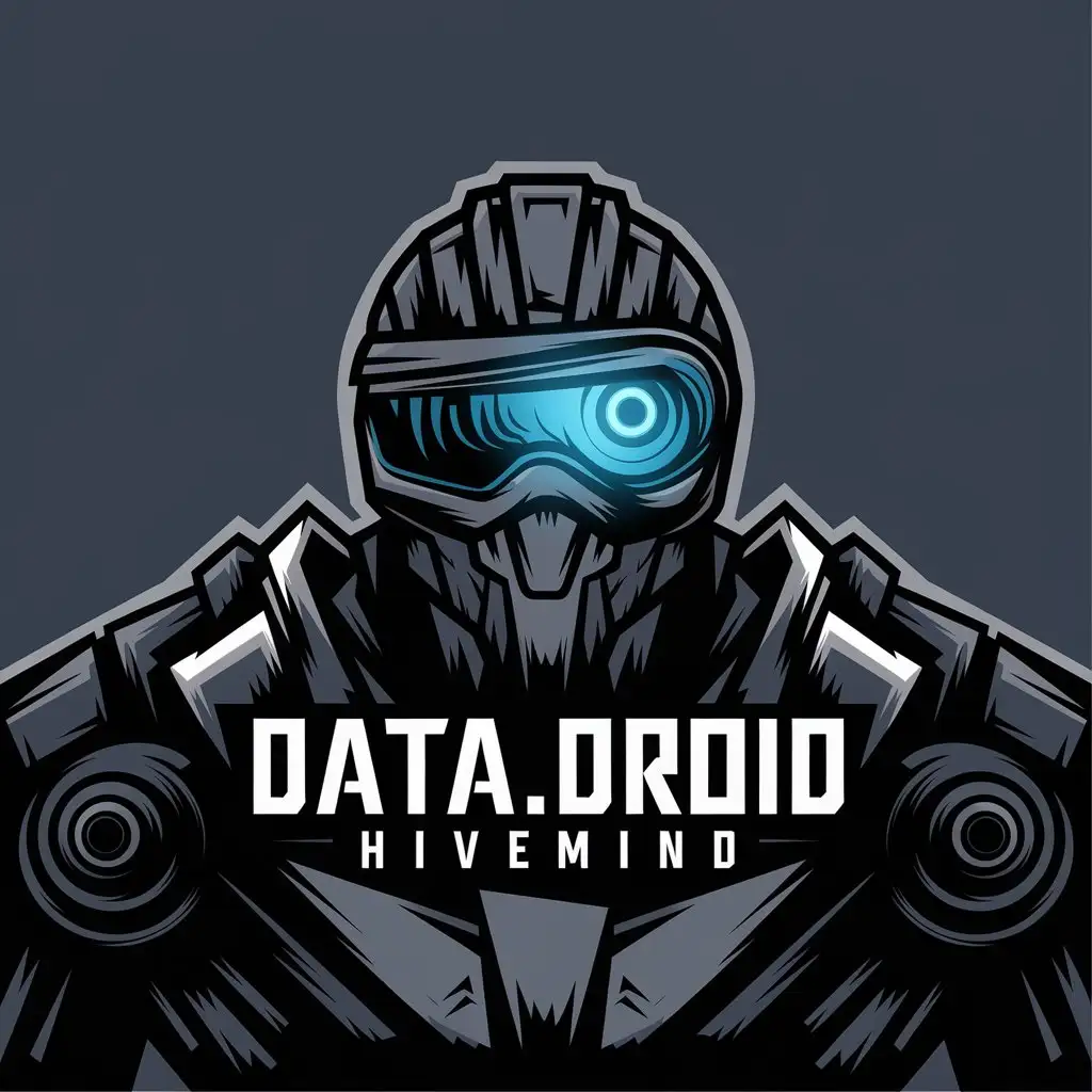 LOGO Design for DATADROID HIVEMIND Industrial Cyberpunk Robotic Cyclops with Monolithic Server Theme