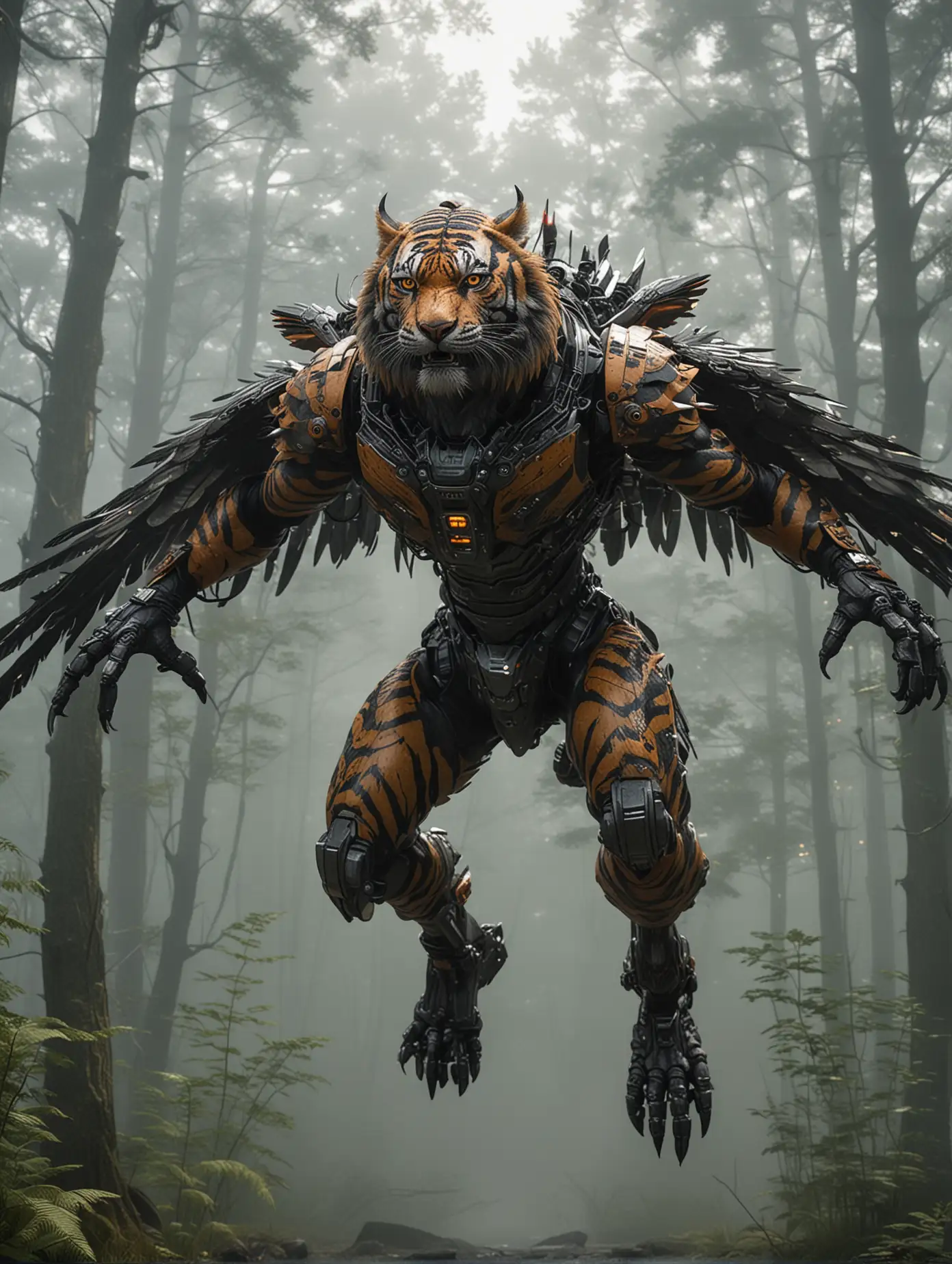 Futuristic-Hybrid-Predator-HawkTigerFighter-Drone-Creature-in-Foggy-Forest