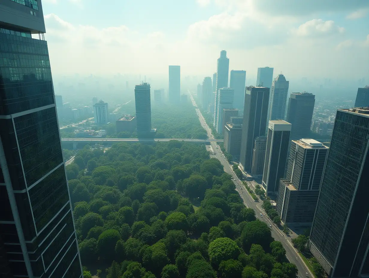 A view from the top of a very tall building, inserted into an urban, but very natural context.Premium Style Picture 8k