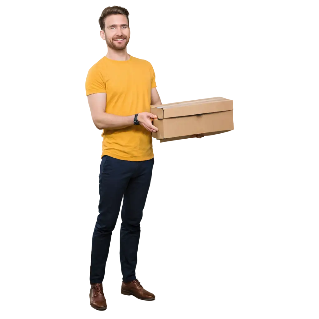 PNG-Image-of-a-Man-in-Yellow-Shirt-with-Black-Trousers-Holding-a-Box-and-Smiling-HighQuality-PNG-Format-for-Versatile-Usage