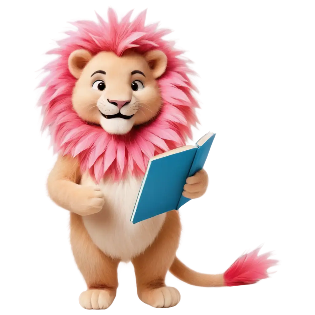 Happy-Lion-Reading-a-Book-with-Blue-and-Pink-Feathers-PNG-Image