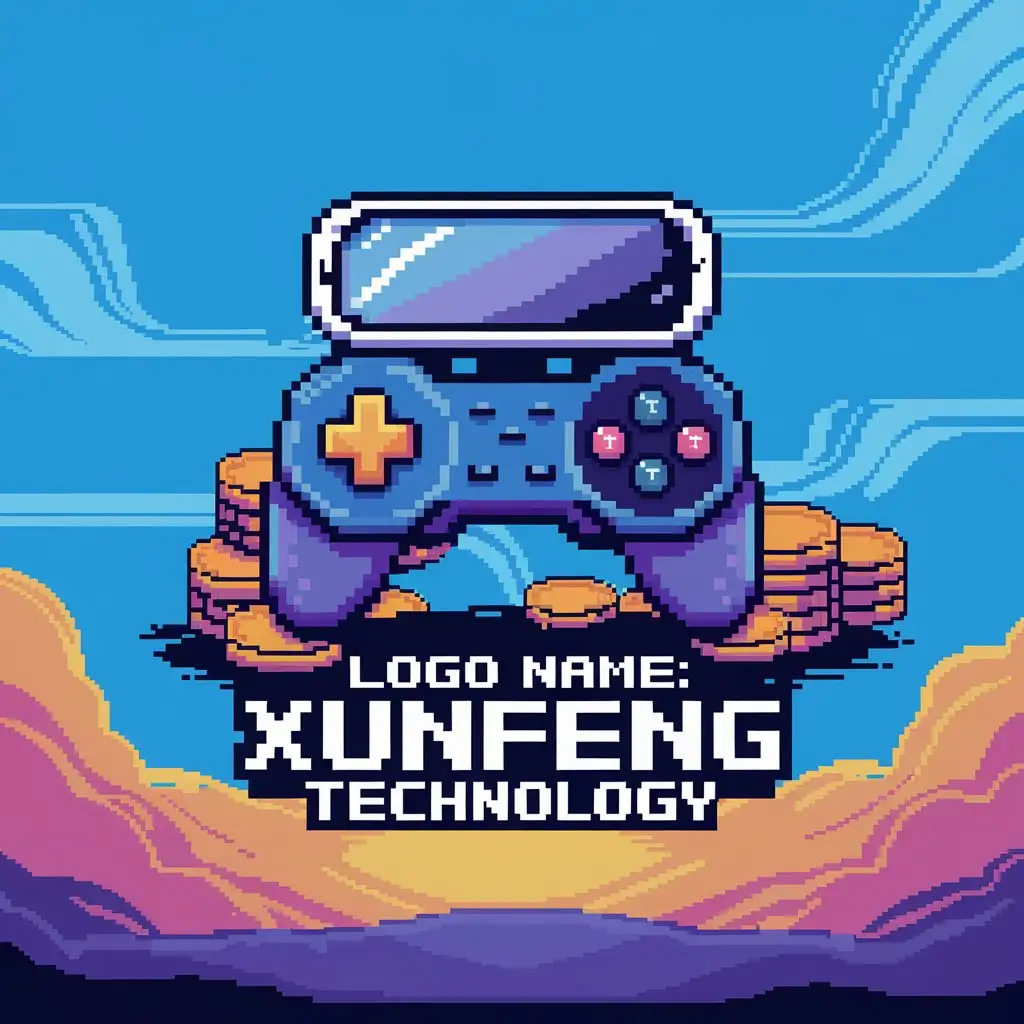 LOGO Design for Xunfeng Technology Pixel Style Wind and Virtual World Theme with Blue Purple and Orange Colors