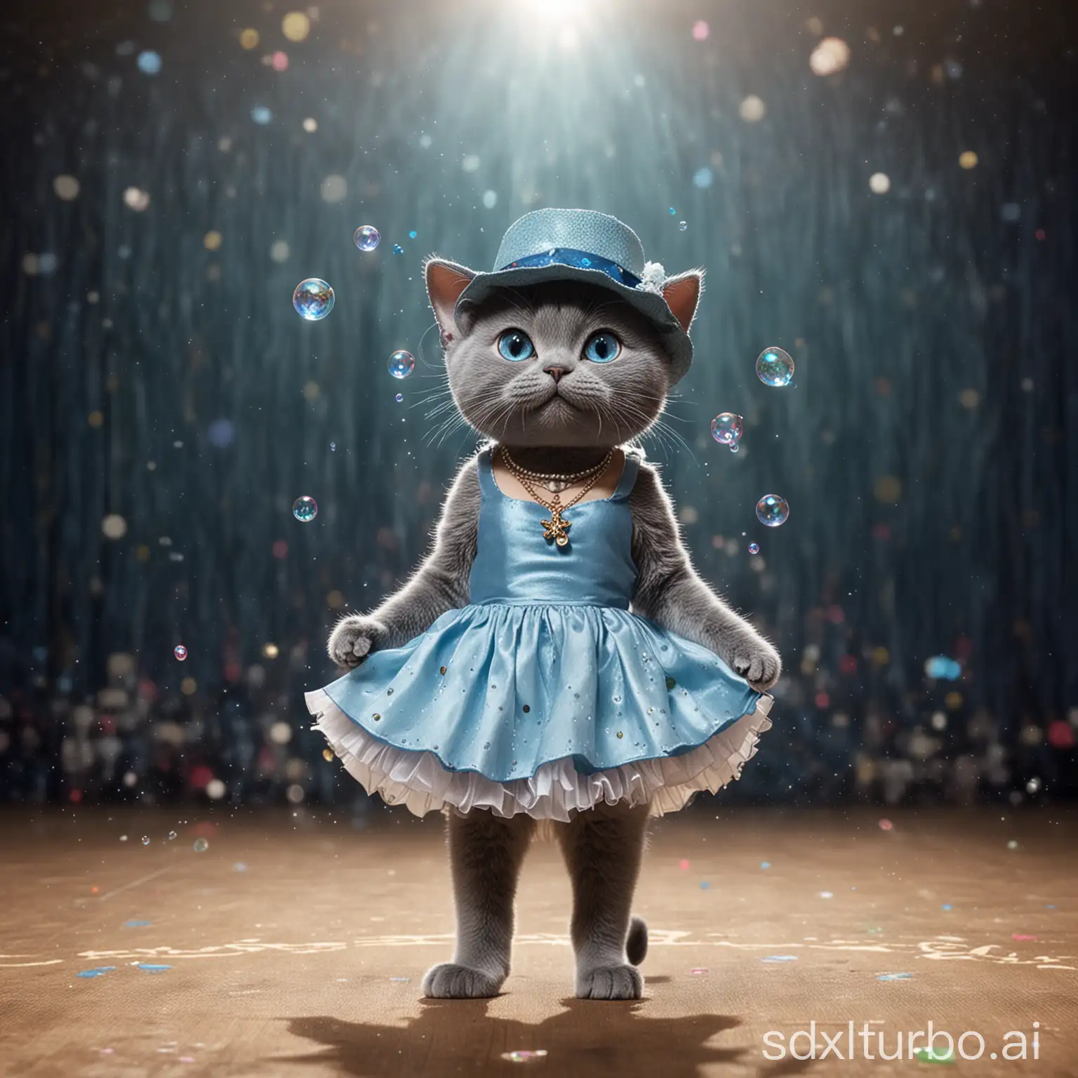 A blue cat, standing in the center of the stage, with bubbles floating above the stage, wearing a cute hat and necklace, and wearing a very cute skirt.