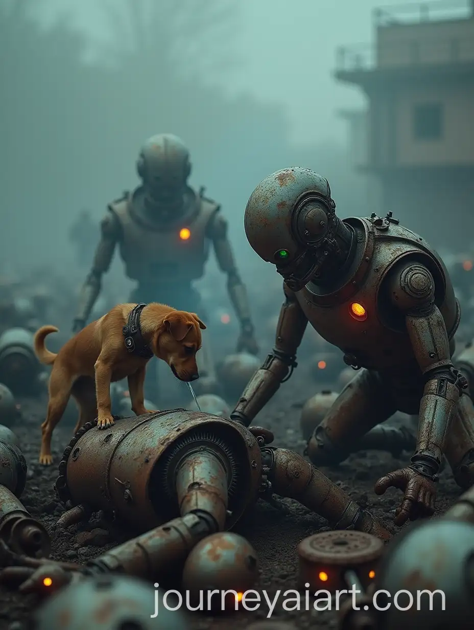 Playful-Dog-Urinating-on-Broken-Robots-with-Smoke-and-Rusted-Metal