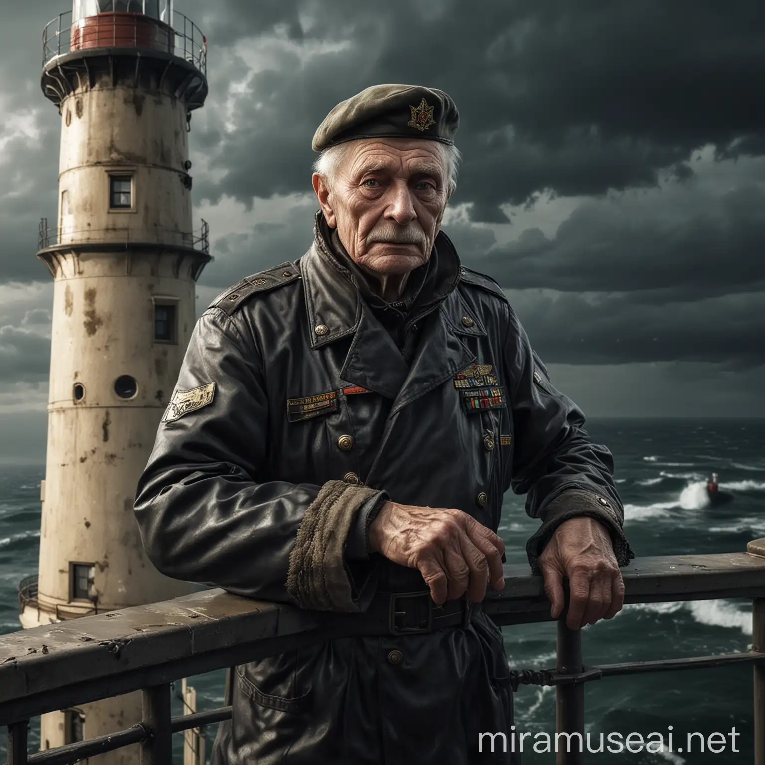 Elderly Russian Trader Reflecting on Stormy Seas at Lighthouse