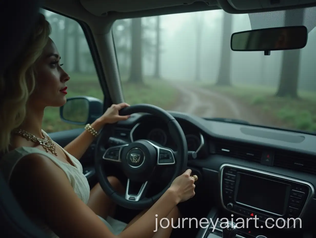 Blonde-Heiress-Driving-Luxury-SUV-Through-Foggy-Forest