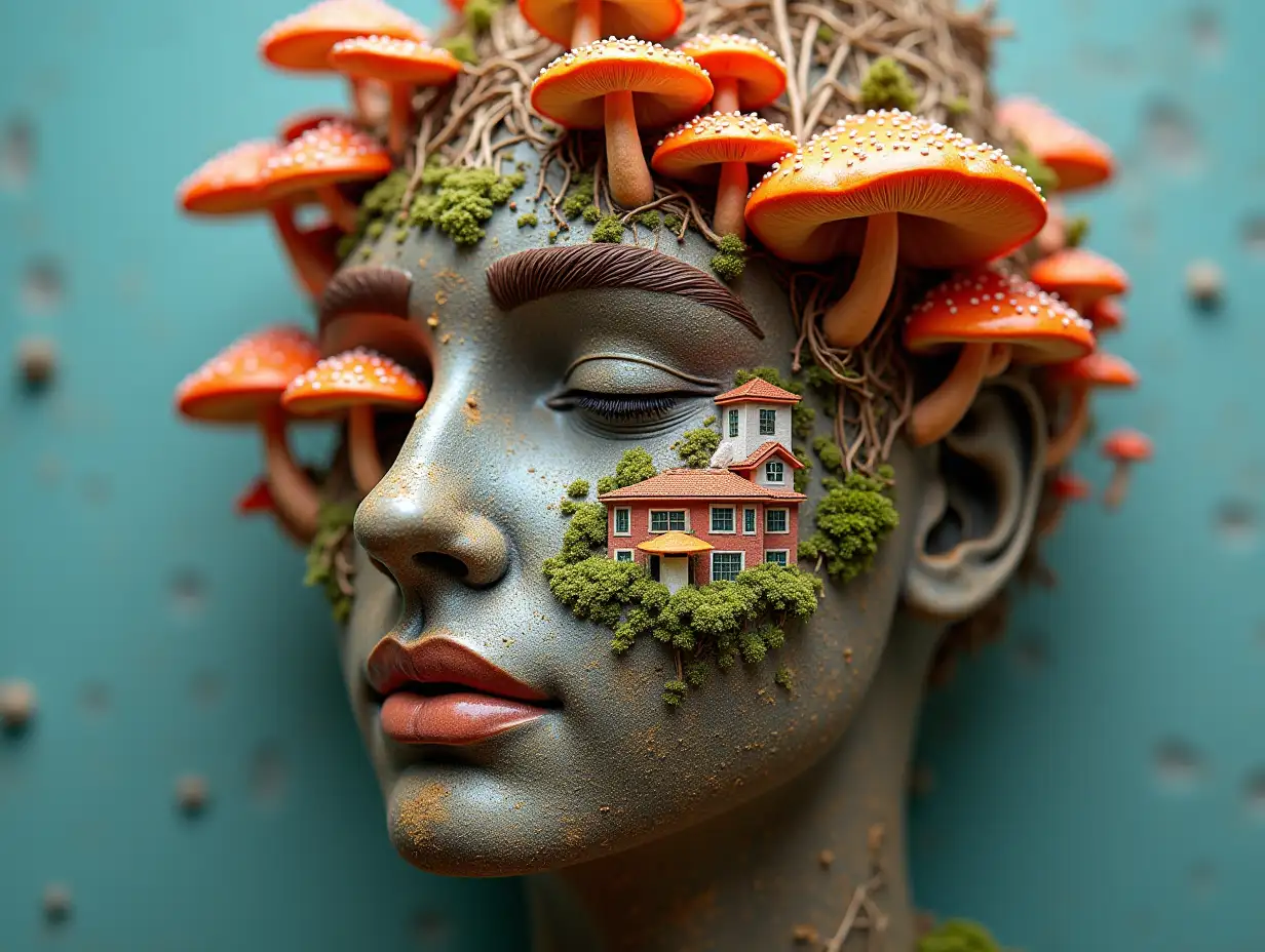 Face transformed into building with colorful mushroom roots