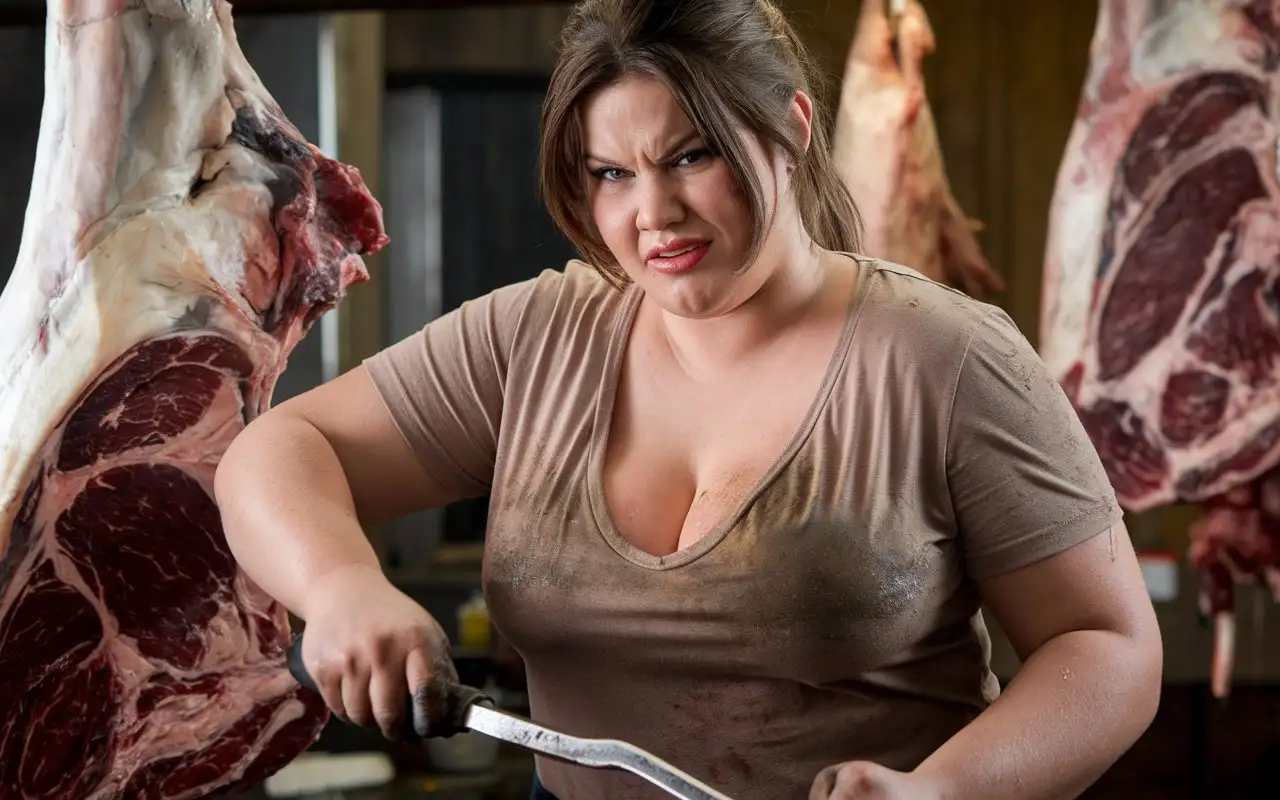 Seductive-Woman-Carving-Carcass-with-Butchers-Knife-in-Grimy-Setting