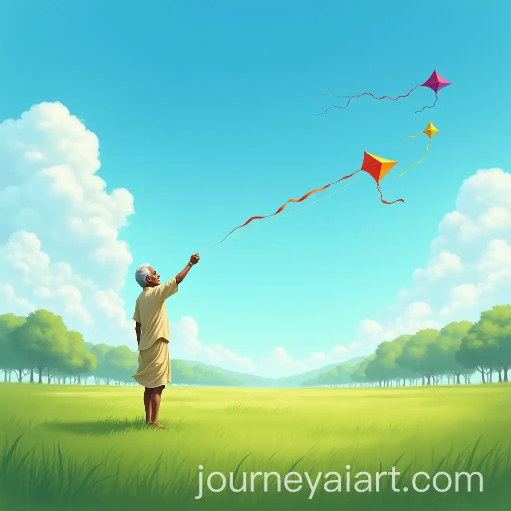 Indian-Elderly-Man-and-Boy-Flying-Colorful-Kites-in-a-Serene-Grassy-Field
