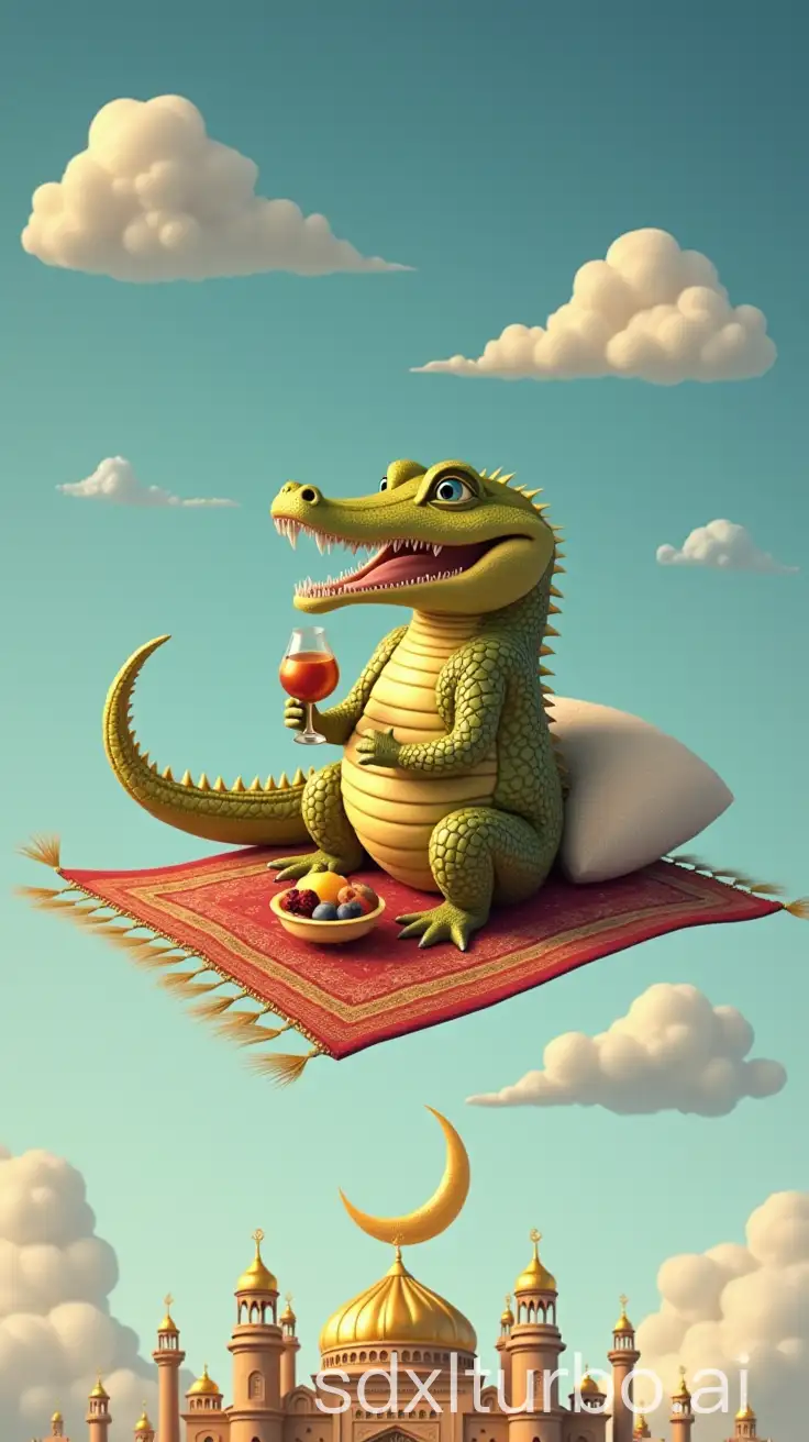 Golden-Crocodile-on-Flying-Carpet-with-Fluffy-Pillow-and-Fruit-Bowl