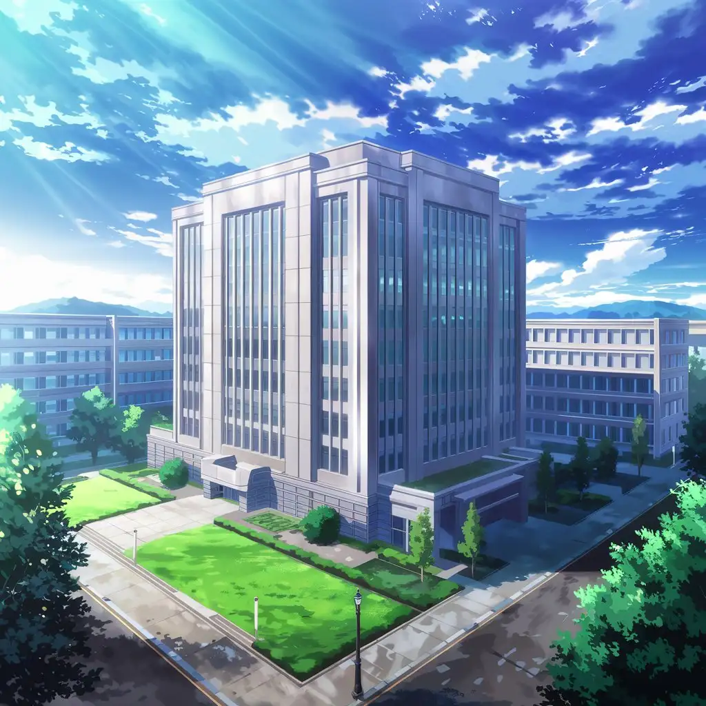 Create an anime-style illustration of a modern, multi-story office building with a grand, sturdy architectural design. The building is tall, with large windows and vertical lines that give it a sense of elegance and strength. Surrounding it are manicured green lawns, trees, and walkways, adding a touch of nature to the urban setting. The sky is bright blue with fluffy white clouds, and in the background, distant mountains are visible. The scene is set during the day, with sunlight casting soft shadows that enhance the realistic depth and detail of the environment. The perspective is slightly elevated, showcasing the building from a diagonal angle to highlight its structure and surroundings