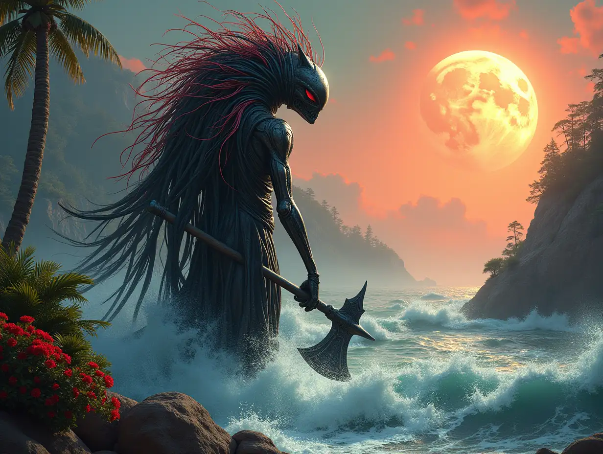 Hyperrealistic portrait of a 15 meter tall metal alien king with metal hair black and red with an ax in the sea with waves on a rock with plants that are intricately detailed, colorful forested planet with sun and UFO background