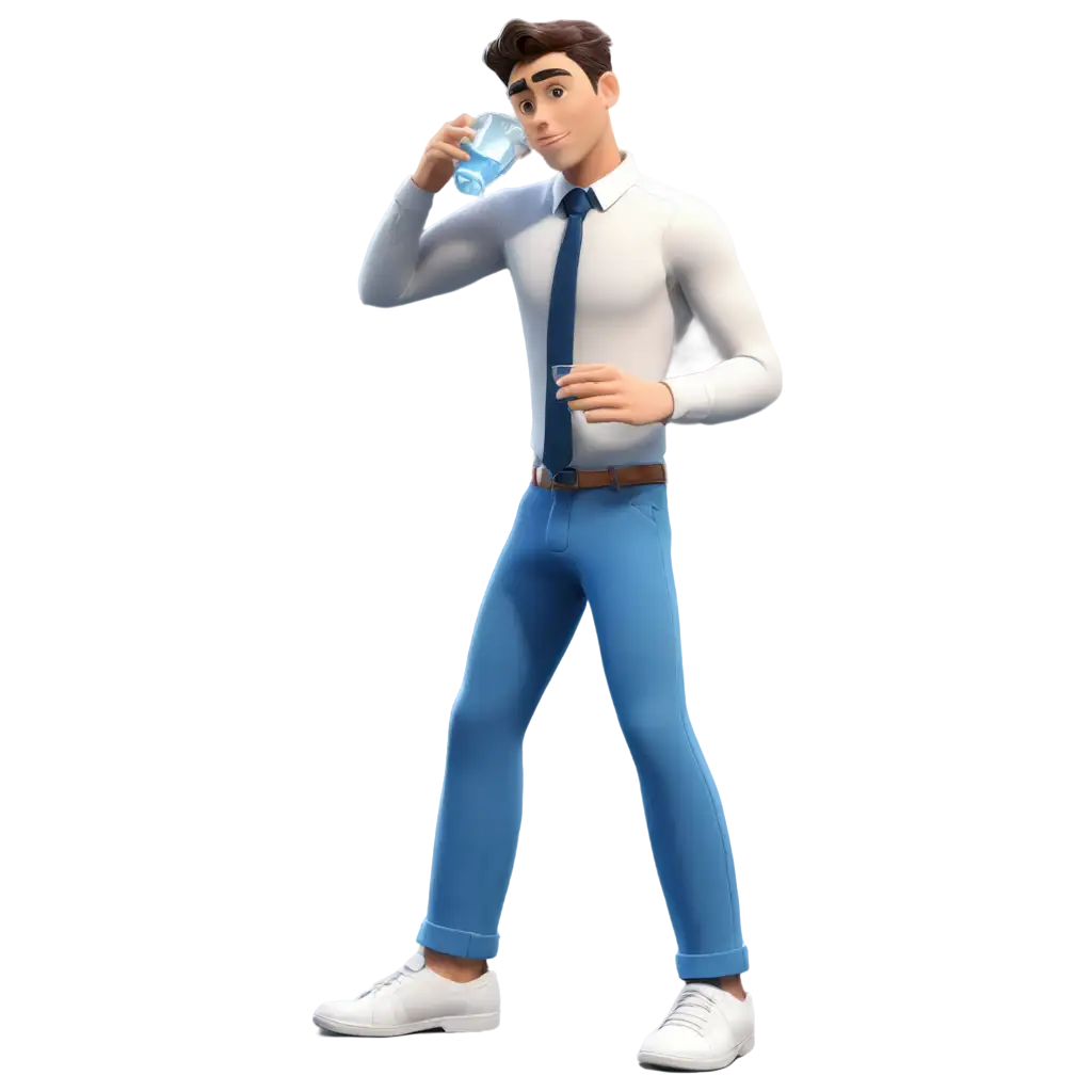 PNG-Image-of-an-Animated-Man-in-a-White-Shirt-and-Tie-Drinking-Water-HighQuality-Graphic-for-Versatile-Use