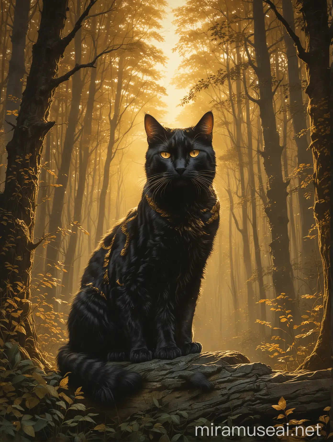 Majestic Golden Cat Portrait in Mystical Forest