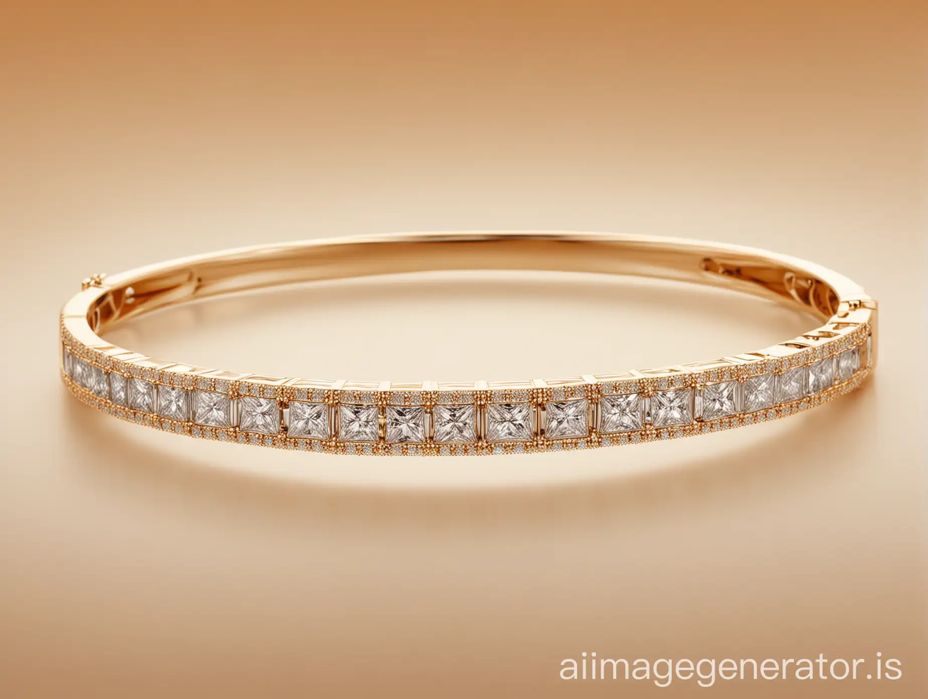 Generate Image of Beautiful Princess cut Diamond Bangle and focus on each diamond brilliance. Take Background of image as light orange gradient.